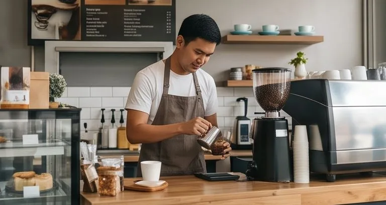A café owner pouring milk behind his counter