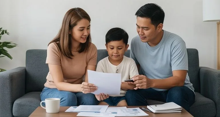 A mother, father and son on a sofa reading through papers together