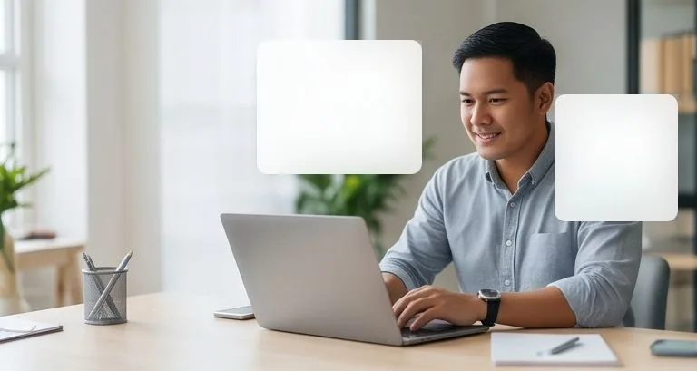A man at a desk smiling as he works through a loan plan on his laptop