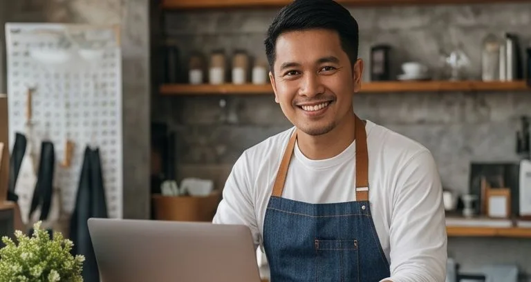A shop owner in an apron smiling beside his laptop in his store