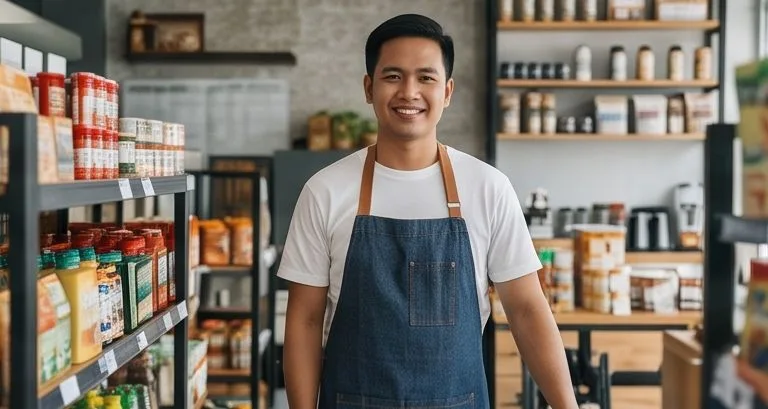 A store owner in a denim apron standing between the shelves of his grocery