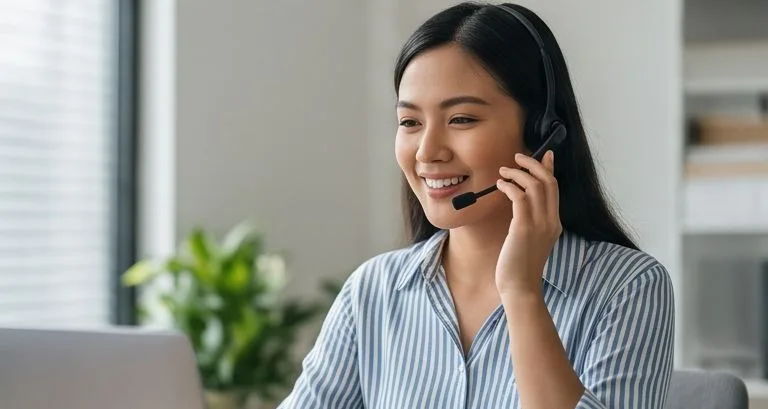 A PesoCore support officer wearing a headset, smiling as she helps a caller