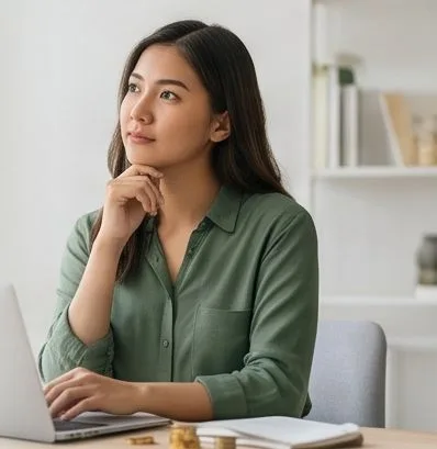 A woman at her laptop, chin in hand, thinking through a decision